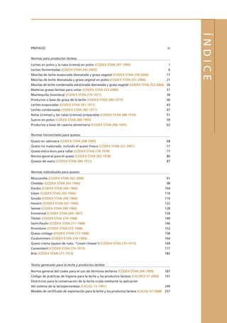 ÍNDICE
PREFACIO	 iii
Normas para productos lácteos
Leches en polvo y la nata (crema) en polvo (CODEX STAN 207-1999)	 1
Leches fermentadas (CODEX STAN 243-2003)	 6
Mezclas de leche evaporada desnatada y grasa vegetal (CODEX STAN 250-2006)	 17
Mezclas de leche desnatada y grasa vegetal en polvo (CODEX STAN 251-2006)	 21
Mezclas de leche condensada edulcorada desnatada y grasa vegetal (CODEX STAN 252-2006)	 26
Materias grasas lácteas para untar (CODEX STAN 253-2006)	 31
Mantequilla (manteca) (CODEX STAN 279-1971)	 38
Productos a base de grasa de la leche (CODEX STAN 280-1973)	 40
Leches evaporadas (CODEX STAN 281-1971)	 43
Leches condensadas (CODEX STAN 282-1971)	 47
Natas (cremas) y las natas (cremas) preparadas (CODEX STAN 288-1976)	 51
Sueros en polvo (CODEX STAN 289-1995)	 59
Productos a base de caseina alimentaria (CODEX STAN 290-1995)	 63
Normas horizontales para quesos
Queso en salmuera (CODEX STAN 208-1999)	 68
Queso no madurado, incluido el queso fresco (CODEX STAN 221-2001)	 71
Queso extra duro para rallar (CODEX STAN 278-1978)	 77
Norma general para el queso (CODEX STAN 283-1978)	 80
Quesos de suero (CODEX STAN 284-1971)	 87
Normas individuales para quesos
Mozzarella (CODEX STAN 262-2006)	 91
Cheddar (CODEX STAN 263-1966)	 98
Danbo (CODEX STAN 264-1966)	 104
Edam (CODEX STAN 265-1966)	 110
Gouda (CODEX STAN 266-1966)	 116
Havarti (CODEX STAN 267-1966)	 122
Samsø (CODEX STAN 268-1966)	 128
Emmental (CODEX STAN 269-1967)	 134
Tilsiter (CODEX STAN 270-1968)	 140
Saint-Paulin (CODEX STAN 271-1968)	 146
Provolone (CODEX STAN 272-1968)	 152
Queso cottage (CODEX STAN 273-1968)	 158
Coulommiers (CODEX STAN 274-1969)	 164
Queso crema (queso de nata, “cream cheese”) (CODEX STAN 275-1973)	 169
Camembert (CODEX STAN 276-1973)	 177
Brie (CODEX STAN 277-1973)	 182
Textos generales para la leche y productos lácteos
Norma general del codex para el uso de términos lecheros (CODEX STAN 206-1999)	 187
Código de prácticas de higiene para la leche y los productos lácteos (CAC/RCP 57-2004)	 191
Directrices para la conservación de la leche cruda mediante la aplicación
del sistema de la lactoperoxidasa (CAC/GL 13-1991)	 249
Modelo de certificado de exportación para la leche y los productos lácteos (CAC/GL 67-2008)	 257
 