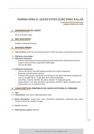 77
NORMA PARA EL QUESO EXTRA DURO PARA RALLAR
CODEX STAN 278-1978
1.	DENOMINACIÓN DEL QUESO
Extra duro para rallar.
2.	 PAÍS SOLICITANTE
Estados Unidos de América.
3.	MATERIAS PRIMAS
3.1	Tipo de leche: leche de vaca leche de cabra o leche de oveja y mezclas de estas leches.
3.2	Adiciones autorizadas
3.2.1	Adiciones necesarias:
–	 Cultivos de bacterias inocuas productoras de ácido láctico (fermentos lácticos).
–	 Cuajo u otras enzimas coagulantes adecuadas.
–	 Cloruro de sodio.
3.2.2	Adiciones facultativas:
–	 Cloruro de calcio, máx 200 mg/kg (anhidro) de la leche empleada.
–	 Bacterias aromatizantes inocuas.
–	 Enzimas inocuas para coadyuvar a la formación de sabor (sólidos de preparación
que no excedan de 0,1 % del peso de la leche empleada).
–	 Clorofilas, inclusive clorofila de cobre, máximo 15 mg/kg de queso.
–	 ácido sórbico o sus sales de sodio o de potasio, máximo 1 g/kg, calculado como
ácido sórbico en el producto final.
4.	 CARACTERÍSTICAS PRINCIPALES DEL QUESO LISTO PARA EL CONSUMO
4.1	Tipo
4.1.1	Consistencia: extra duro, adecuado para rallar.
4.1.2	Breve descripción: queso duro, seco, levemente quebradizo, adecuado para rallar,
tiempo mínimo de curado: 6 meses.
4.2	 Forma: diversas.
4.3	Dimensiones y pesos: diversos.
Anteriormente CODEX STAN C-35-1978. Adoptado en 1978.
 