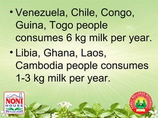 • Venezuela, Chile, Congo,
  Guina, Togo people
  consumes 6 kg milk per year.
• Libia, Ghana, Laos,
  Cambodia people consumes
  1-3 kg milk per year.
 