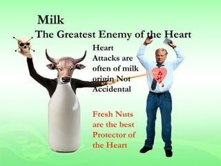 Milk
The Greatest Enemy of the Heart
           Heart
           Attacks are
           often of milk
           origin Not
           Accidental

           Fresh Nuts
           are the best
           Protector of
           the Heart
 
