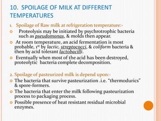 10. SPOILAGE OF MILK AT DIFFERENT
TEMPERATURES
1. Spoilage of Raw milk at refrigeration temperature:-
 Proteolysis may be initiated by psychrotrophic bacteria
such as pseudomonas, & molds then appear.
 At room temperature, an acid fermentation is most
probable, 1st by lactic, streptococci, & coliform bacteria &
then by acid tolerant lactobacilli.
 Eventually when most of the acid has been destroyed,
proteolytic bacteria complete decomposition.
2. Spoilage of pasteurized milk is depend upon:-
 The bacteria that survive pasteurization .i.e. “thermodurics”
& spore-formers.
 The bacteria that enter the milk following pasteurization
process to packaging process.
 Possible presence of heat resistant residual microbial
enzymes.
 