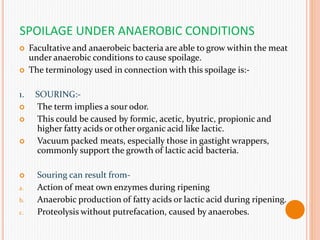 SPOILAGE UNDER ANAEROBIC CONDITIONS
 Facultative and anaerobeic bacteria are able to grow within the meat
under anaerobic conditions to cause spoilage.
 The terminology used in connection with this spoilage is:-
1. SOURING:-
 The term implies a sour odor.
 This could be caused by formic, acetic, byutric, propionic and
higher fatty acids or other organic acid like lactic.
 Vacuum packed meats, especially those in gastight wrappers,
commonly support the growth of lactic acid bacteria.
 Souring can result from-
a. Action of meat own enzymes during ripening
b. Anaerobic production of fatty acids or lactic acid during ripening.
c. Proteolysis without putrefacation, caused by anaerobes.
 