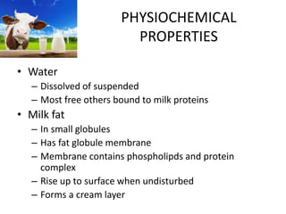 PHYSIOCHEMICAL
PROPERTIES
• Water
– Dissolved of suspended
– Most free others bound to milk proteins
• Milk fat
– In small globules
– Has fat globule membrane
– Membrane contains phospholipds and protein
complex
– Rise up to surface when undisturbed
– Forms a cream layer
 