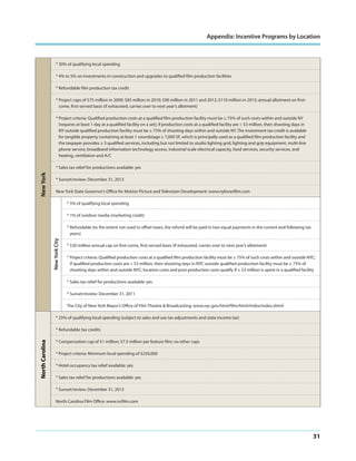 Appendix: Incentive Programs by Location

* 30% of qualifying local spending
* 4% to 5% on investments in construction and upgrades to qualified film production facilities
* Refundable film production tax credit
* Project caps of $75 million in 2009; $85 million in 2010; $90 million in 2011 and 2012; $110 million in 2013; annual allotment on firstcome, first-served basis (if exhausted, carries over to next year’s allotment)
* Project criteria: Qualified production costs at a qualified film production facility must be ≥ 75% of such costs within and outside NY
(requires at least 1 day at a qualified facility on a set); if production costs at a qualified facility are < $3 million, then shooting days in
NY outside qualified production facility must be ≥ 75% of shooting days within and outside NY. The investment tax credit is available
for tangible property containing at least 1 soundstage ≥ 7,000 SF, which is principally used as a qualified film production facility and
the taxpayer provides ≥ 3 qualified services, including but not limited to studio lighting grid, lighting and grip equipment, multi-line
phone service, broadband information technology access, industrial scale electrical capacity, food services, security services, and
heating, ventilation and A/C

New York

* Sales tax relief for productions available: yes
* Sunset/review: December 31, 2013
New York State Governor’s Office for Motion Picture and Television Development: www.nylovesfilm.com
* 5% of qualifying local spending
* 1% of outdoor media (marketing credit)

New York City

* Refundable (to the extent not used to offset taxes, the refund will be paid in two equal payments in the current and following tax
years)
* $30 million annual cap on first-come, first-served basis (if exhausted, carries over to next year’s allotment)
* Project criteria: Qualified production costs at a qualified film production facility must be ≥ 75% of such costs within and outside NYC;
if qualified production costs are < $3 million, then shooting days in NYC outside qualified production facility must be ≥ 75% of
shooting days within and outside NYC; location costs and post-production costs qualify if ≥ $3 million is spent in a qualified facility
* Sales tax relief for productions available: yes
* Sunset/review: December 31, 2011
The City of New York Mayor’s Office of Film Theatre & Broadcasting: www.nyc.gov/html/film/html/index/index.shtml
* 25% of qualifying local spending (subject to sales and use tax adjustments and state income tax)

North Carolina

* Refundable tax credits
* Compensation cap of $1 million; $7.5 million per feature film; no other caps
* Project criteria: Minimum local spending of $250,000
* Hotel occupancy tax relief available: yes
* Sales tax relief for productions available: yes
* Sunset/review: December 31, 2013
North Carolina Film Office: www.ncfilm.com

31

 