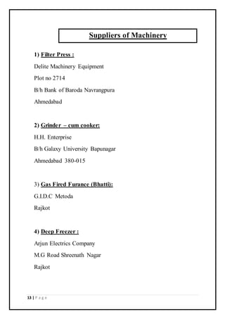 13 | P a g e
1) Filter Press :
Delite Machinery Equipment
Plot no 2714
B/h Bank of Baroda Navrangpura
Ahmedabad
2) Grinder – cum cooker:
H.H. Enterprise
B/h Galaxy University Bapunagar
Ahmedabad 380-015
3) Gas Fired Furance (Bhatti):
G.I.D.C Metoda
Rajkot
4) Deep Freezer :
Arjun Electrics Company
M.G Road Shreenath Nagar
Rajkot
Suppliers of Machinery
 