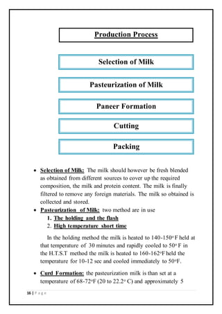 16 | P a g e
 Selection of Milk: The milk should however be fresh blended
as obtained from different sources to cover up the required
composition, the milk and protein content. The milk is finally
filtered to remove any foreign materials. The milk so obtained is
collected and stored.
 Pasteurization of Milk: two method are in use
1. The holding and the flash
2. High temperature short time
In the holding method the milk is heated to 140-150o F held at
that temperature of 30 minutes and rapidly cooled to 50o F in
the H.T.S.T method the milk is heated to 160-162oF held the
temperature for 10-12 sec and cooled immediately to 50oF.
 Curd Formation: the pasteurization milk is than set at a
temperature of 68-72oF (20 to 22.2o C) and approximately 5
Production Process
Selection of Milk
Pasteurization of Milk
Paneer Formation
…………………………………………
………
Cutting
Packing
 