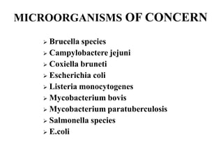  Brucella species
 Campylobactere jejuni
 Coxiella bruneti
 Escherichia coli
 Listeria monocytogenes
 Mycobacterium bovis
 Mycobacterium paratuberculosis
 Salmonella species
 E.coli
MICROORGANISMS OF CONCERN
 