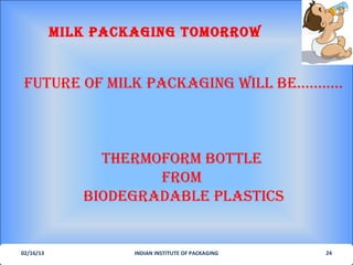 MILK PacKagIng toMorrow


 future of MILK PacKagIng wILL be………..



                therMoforM bottLe
                      froM
              bIodegradabLe PLastIcs


02/16/13            INDIAN INSTITUTE OF PACKAGING   24
 