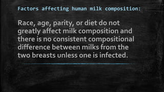 Factors affecting human milk composition:
Race, age, parity, or diet do not
greatly affect milk composition and
there is no consistent compositional
difference between milks from the
two breasts unless one is infected.
 