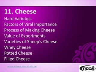 www.entrepreneurindia.co
11. Cheese
Hard Varieties
Factors of Viral Importance
Process of Making Cheese
Value of Experiments
Varieties of Sheep's Cheese
Whey Cheese
Potted Cheese
Filled Cheese
 