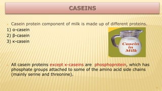 11
 Casein protein component of milk is made up of different proteins.
1) α-casein
2) β-casein
3) κ-casein
 All casein proteins except κ-caseins are phosphoprotein, which has
phosphate groups attached to some of the amino acid side chains
(mainly serine and threonine).
 
