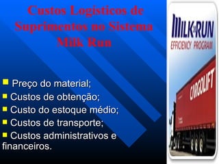 Custos Logísticos de
    Suprimentos no Sistema
          Milk Run

 Preço do material;
  Custos de obtenção;
 Custo do estoque médio;
 Custos de transporte;
 Custos administrativos e
financeiros.
 