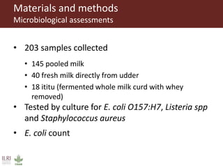 Materials and methods
Microbiological assessments
• 203 samples collected
• 145 pooled milk
• 40 fresh milk directly from udder
• 18 ititu (fermented whole milk curd with whey
removed)
• Tested by culture for E. coli O157:H7, Listeria spp
and Staphylococcus aureus
• E. coli count
 