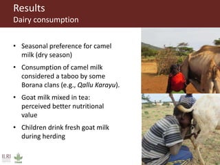 Results
Dairy consumption
• Seasonal preference for camel
milk (dry season)
• Consumption of camel milk
considered a taboo by some
Borana clans (e.g., Qallu Karayu).
• Goat milk mixed in tea:
perceived better nutritional
value
• Children drink fresh goat milk
during herding
 