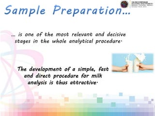 … is one of the most relevant and decisive
stages in the whole analytical procedure.
The development of a simple, fast
and direct procedure for milk
analysis is thus attractive.
 