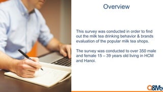 Overview
This survey was conducted in order to find
out the milk tea drinking behavior & brands
evaluation of the popular milk tea shops.
The survey was conducted to over 350 male
and female 15 – 39 years old living in HCM
and Hanoi.
 