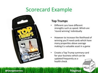 Scorecard Example 
          Top Trumps 
         •    Diﬀerent cars have diﬀerent 
              strengths such as speed. Which are 
              ‘round winning’ individually 
               
         •    However to increase the likelihood of 
              winning you’ll need cards which have 
              many proper1es above average 
              making it a valuable asset in a game 
               
         •    Create a Top Trump summary card 
              for your business which can be 
              updated frequently as a 
              health check 
 