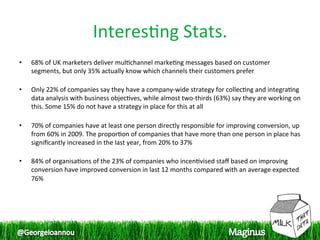 Interes1ng Stats. 
•    68% of UK marketers deliver mul1channel marke1ng messages based on customer 
     segments, but only 35% actually know which channels their customers prefer 
      
•    Only 22% of companies say they have a company‐wide strategy for collec1ng and integra1ng 
     data analysis with business objec1ves, while almost two‐thirds (63%) say they are working on 
     this. Some 15% do not have a strategy in place for this at all 
      
•    70% of companies have at least one person directly responsible for improving conversion, up 
     from 60% in 2009. The propor1on of companies that have more than one person in place has 
     signiﬁcantly increased in the last year, from 20% to 37% 
      
•    84% of organisa1ons of the 23% of companies who incen1vised staﬀ based on improving 
     conversion have improved conversion in last 12 months compared with an average expected 
     76%  
 