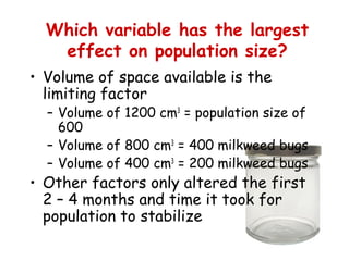Which variable has the largest
effect on population size?
• Volume of space available is the
limiting factor
– Volume of 1200 cm3
= population size of
600
– Volume of 800 cm3
= 400 milkweed bugs
– Volume of 400 cm3
= 200 milkweed bugs
• Other factors only altered the first
2 – 4 months and time it took for
population to stabilize
 