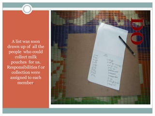 A list was soon
drawn up of all the
 people who could
     collect milk
  pouches for us.
Responsibilities f or
   collection were
  assigned to each
      member.
 