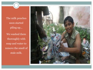 The milk pouches
   soon started
    piling up…

 We washed them
 thoroughly with
soap and water to
remove the smell of
    stale milk.
 