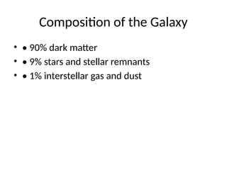 Composition of the Galaxy
• • 90% dark matter
• • 9% stars and stellar remnants
• • 1% interstellar gas and dust
 
