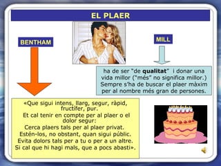 EL PLAER «Que sigui intens, llarg, segur, ràpid, fructífer, pur. Et cal tenir en compte per al plaer o el dolor segur: Cerca plaers tals per al plaer privat.  Estén-los, no obstant, quan sigui públic. Evita dolors tals per a tu o per a un altre. Si cal que hi hagi mals, que a pocs abasti». ha de ser “de  qualitat ”  i donar una vida millor (“més” no significa millor.) Sempre s’ha de buscar el plaer màxim per al nombre més gran de persones. BENTHAM MILL 