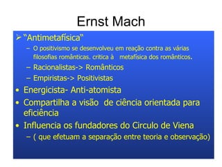 Ernst Mach “ Antimetafísica“ O positivismo se desenvolveu em reação contra as várias filosofias românticas. critica à  metafísica dos românticos . Racionalistas-> Românticos Empiristas-> Positivistas Energicista- Anti-atomista Compartilha a visão  de ciência orientada para eficiência Influencia os fundadores do Circulo de Viena  ( que efetuam a separação entre teoria e observação) 