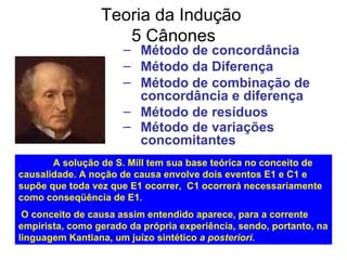 Teoria da Indução  5 Cânones Método de concordância   Método da Diferença Método de combinação de concordância e diferença   Método de resíduos   Método de variações concomitantes   A solução de S. Mill tem sua base teórica no conceito de causalidade. A noção de causa envolve dois eventos E1 e C1 e supõe que toda vez que E1 ocorrer,  C1 ocorrerá necessariamente como conseqüência de E1. O conceito de causa assim entendido aparece, para a corrente empirista, como gerado da própria experiência, sendo, portanto, na linguagem Kantiana, um juízo sintético  a posteriori .   