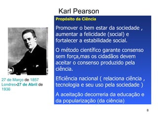 Karl Pearson 27 de Março  de  1857 Londres - 27 de Abril  de  1936 Propósito da Ciência   Promover o bem estar da sociedade , aumentar a felicidade (social) e fortalecer a estabilidade social. O método científico garante consenso sem força,mas os cidadãos devem aceitar o consenso produzido pela ciência. Eficiência nacional ( relaciona ciência , tecnologia e seu uso pela sociedade ) A aceitação decorreria da educação e da popularização (da ciência) 
