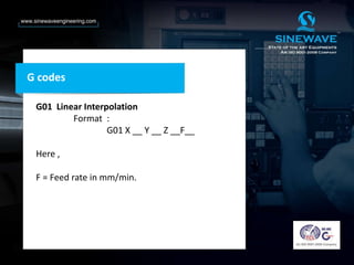 G codes
G01 Linear Interpolation
Format :
G01 X __ Y __ Z __F__
Here ,
F = Feed rate in mm/min.
 