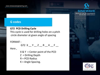 G codes
G72 PCD Drilling Cycle
This cycle is used for drilling holes on a pitch
circle diameter at given angle of spacing
FORMAT :
G72 X __ Y __ Z __ R __ K __ F __
Here ,
X & Y = Center point of the PCD
Z = Drilling Depth
R = PCD Radius
K = Angle Spacing.
 
