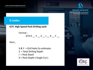 G codes
G73 High Speed Peck Drilling cycle
Format :
G73 X __ Y __ Z __ I __ K __ F __
Here ,
X & Y = Drill Hole Co-ordinates
Z = Total Drilling Depth
I = Peck Dwell
K = Peck Depth ( Single Cut )
 