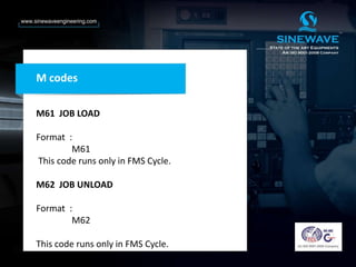 M61 JOB LOAD
Format :
M61
This code runs only in FMS Cycle.
M62 JOB UNLOAD
Format :
M62
This code runs only in FMS Cycle.
M codes
 