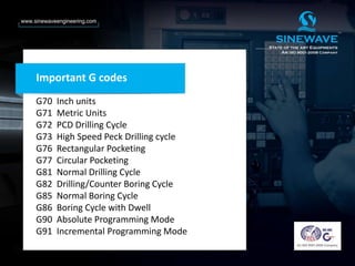 Important G codes
G70 Inch units
G71 Metric Units
G72 PCD Drilling Cycle
G73 High Speed Peck Drilling cycle
G76 Rectangular Pocketing
G77 Circular Pocketing
G81 Normal Drilling Cycle
G82 Drilling/Counter Boring Cycle
G85 Normal Boring Cycle
G86 Boring Cycle with Dwell
G90 Absolute Programming Mode
G91 Incremental Programming Mode
 