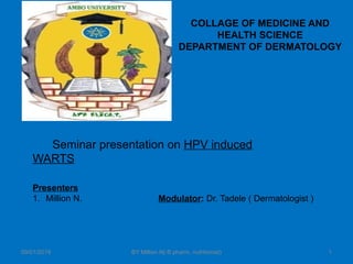 09/01/2019 1
COLLAGE OF MEDICINE AND
HEALTH SCIENCE
DEPARTMENT OF DERMATOLOGY
Modulator: Dr. Tadele ( Dermatologist )
Presenters
1. Million N.
Seminar presentation on HPV induced
WARTS
BY Million N( B pharm, nutritionist)
 