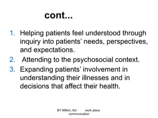 cont...
1. Helping patients feel understood through
inquiry into patients’ needs, perspectives,
and expectations.
2. Attending to the psychosocial context.
3. Expanding patients’ involvement in
understanding their illnesses and in
decisions that affect their health.
BY Million, AU work place
communication
 