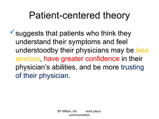 Patient-centered theory
suggests that patients who think they
understand their symptoms and feel
understoodby their physicians may be less
anxious, have greater confidence in their
physician’s abilities, and be more trusting
of their physician.
BY Million, AU work place
communication
 