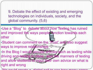 It would be put together by PowerPoint and be displayed on “open house” for the parents to see4. Select and apply digital tools to collect, organize, and analyze data to evaluate theories or test hypotheses. (3,4,6)Kids could use the Excel Spread Sheet program to put data in about the growth of some plant