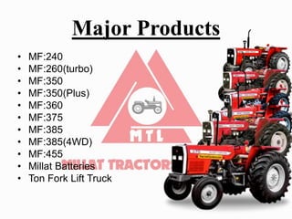 Major Products
• MF:240
• MF:260(turbo)
• MF:350
• MF:350(Plus)
• MF:360
• MF:375
• MF:385
• MF:385(4WD)
• MF:455
• Millat Batteries
• Ton Fork Lift Truck
 