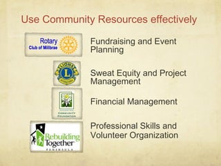 Use Community Resources effectively
Fundraising and Event
Planning
Sweat Equity and Project
Management
Financial Management
Professional Skills and
Volunteer Organization
 