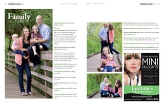 18   neighborhoodNews                 The Mill Creek Influence   January   January The Mill Creek Influence                                   neighborhoodNews                   19




     Family
     spotlight          Family member names:	David,	Chelsi,	                                                  Family traditions: Every	Monday	is	family	night.	We	go	out	to	
                        Madisyn,	Marlie                                                                       breakfast	with	all	of	our	extended	family	on	Christmas	morning.		

                        Pets: none                                                                            Kids? What activities are they involved with?	Madisyn	is	in	preschool
                        Where are you from? David	was	born	in	the	
                        Bay	Area	in	California	and	lived	there	                                               What do you like to do to relax?	Watch	a	good	movie	in	our	sweats	
                        until	the	end	on	Elementary	School.	                                                  with	a	yummy	treat!
                        Then	he	moved	to	Snohomish	WA	where	
                        he	lived	until	after	High	School.	Chelsi	                                             What music do you listen to?	David	likes	Rap/	R&B.	Chelsi	loves	
                        grew	up	in	the	Bay	Area	in	California	                                                Country.	Madi	and	Marlie	like	twinkle	twinkle	little	star
                        and	lived	there	until	she	and	David	got	
                        married                                                                               What are your favorite tV shows?	Castle,	Raising	Hope,	The	Office

                        how long have you lived in your neighbor-                                             What is your favorite part about living in your neighborhood?	Being	so	
                        hood? A	little	over	a	year                                                            close	to	everything!	We	love	to	walk	everywhere	to	run	errands.	

                        Profession(s):	David	is	an	employed	by	
                        Costco	in	Everett.	Chelsi	owns	and	runs	
                        Chelsi	Greenwood	Photography.	She	
                        specializes	in	creating	photographic	art	for	
                        families	and	high	school	seniors.

                        Favorite activities/hobbies: camping	on	the	
                        beach,	going	for	walks,	playing	games,	
                        having	barbeques	in	the	summer

                        Favorite Play area/Park/hang out:	North	
                        Creek	Park

                        Favorite restaurants: Azul,	Olive	Garden,	
                        Thai	Bistro

                        Favorite Vacation spot: Southern	California	
                        Beach

                        Favorite sports teams: Oakland	A’s,	Seattle	
                        Seahawks

                        Favorite Family Dinner: Homemade	tortilla	
                        chicken	soup	with	quesadillas	on	the	side.	
                        Yum!
 