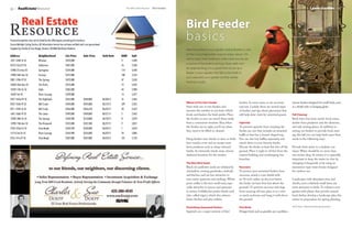 32      realestateResource                                                                                               The Mill Creek Influence   September   September The Mill Creek Influence                                                                                  Lawn&Garden                 33



                                                                                                                                                                Bird Feeder
Featured properties may not be listed by the office/agent presenting this brochure.
Source Multiple Listing Service. All information herein has not been verified and is not guaranteed.
                                                                                                                                                                b asi c s
Supplied by Charles & Sue Doepp, Brokers, RE/MAX Northwest Realtors.                                                                                            Watching birds in your garden and at feeders is one
                                                                                                                                                                of the most pleasurable ways to enjoy nature. On
Address                        Neighborhood                  List Price          Sale Price            Sold Date   DOM        SqFt
                                                                                                                                                                wintry days, their liveliness, colors and sounds are
1631 164th St SE               Winslow                       $459,000                                              4          2,448
                                                                                                                                                                a source of fascination and joy. Now, with win-
3218 153rd Pl SE               Hollymere                     $487,000                                              76         2,500
                                                                                                                                                                ter approaching, it is a good time to set up a
15906 21st Ave SE              Springtree                    $559,000                                              114        3,548
                                                                                                                                                                feeder in your garden this fall so the birds in
14903 26th Ave SE              Fairway                       $475,000                                              180        3,554
                                                                                                                                                                your area add your garden to their winter
2801 159th Pl SE               The Springs                   $479,000                                              47         2,650
                                                                                                                                                                feeding rounds.
16032 32nd Ave SE              The Parks                     $475,000                                              12         3,442
14224 15th Dr SE               Holly                         $485,000                                              44         2,908
14432 3rd SE                   River Crossing                $599,000                                              14         3,477
2927 162nd Pl SE               The Highlands                 $455,000            $440,000              06/30/11    55         2,446
                                                                                                                                                                Where to Put Your Feeder                     feeders. In some areas, so are raccoons           choose feeders designed for small birds, such
3925 145th Pl SE               Mill Creek                    $449,000            $449,000              06/15/11    329        2,454
                                                                                                                                                                Start with one or two feeders and            and rats. Luckily, there are several types        as a thistle tube or hanging globe.
3911 145th St SE               Mill Creek                    $464,000            $466,678              06/23/11    93         2,653
                                                                                                                                                                increase the number as you learn which       of feeders and tips about placement that
1601 166th Pl SE               The Lakes                     $499,000            $490,000              06/21/11    5          2,443                             foods and feeders the birds prefer. Place    will help deter visits by uninvited guests.       Fall Cleanup
15905 28th Dr SE               The Springs                   $534,900            $510,000              06/10/11    8          2,818                             the feeders so you can watch them easily                                                       Birds have four basic needs: food, water,
14705 13th Ave SE              The Vineyards                 $525,000            $522,500              06/27/11    9          3,057                             from a convenient window. Also, when         Squirrels                                         shelter from predators and the elements,
                                                                                                                                                                the feeders are in sight, you'll see when    To prevent squirrels from reaching the            and safe nesting places. In addition to
2104 142nd St SE               Vine Maple                    $549,950            $530,000              06/24/11    1          4,018
                                                                                                                                                                they need to be filled or cleaned.           feeder, use one that includes an attached         setting out feeders to provide food, start-
15114 3rd Dr SE                River Crossing                $564,900            $556,000              06/29/11    24         3,086                                                                          baffle or that has a funnel-shaped top.           ing this fall you can help birds meet their
2316 141st Pl SE               Vine Maple                    $587,000            $587,000              06/23/11    101        3,158                             Hang feeders near shrubs or trees so birds   You can also buy baffles separately and           needs in the following ways.
                                                                                                                                                                have nearby cover and an escape route        attach them to your favorite feeder.
                                                                                                                                                                from predators such as sharp-shinned         Elevate the feeder at least five feet off the     Provide fresh water in a shallow con-
                                                                                                                                                                hawks. In extremely windy areas, choose      ground. Place it eight to 10 feet from the        tainer. Water should be no more than
                                                                                                                                                                sheltered locations for the feeders.         nearest building and overhanging tree             two inches deep. In winter, it is especially
                                                                                                                                                                                                             branches.                                         important to keep the water ice-free by
                                                                                                                                                                The Best Bird Seeds                                                                            changing it frequently or by using an
                                                                                                                                                                Black oil sunflower seeds are relished by    Raccoons                                          immersion-type water heater designed
                                                                                                                                                                chickadees, evening grosbeaks, cardinals     To protect post-mounted feeders from              for outdoor use.
                                                                                                                                                                and finches, and are less attractive to      raccoons, attach a cone shield with
                                                                                                                                                                non-native sparrows and starlings. White     an 18-inch radius on the post below               Landscapes with abundant trees and
                                                                                                                                                                proso millet is the best small seed, espe-   the feeder (at least four feet above the          shrubs, and a relatively small lawn, are
                                                                                                                                                                cially attractive to juncos and sparrows     ground). To prevent raccoons and dogs             most attractive to birds. To enhance your
                                                                                                                                                                in winter. Goldfinches prefer thistle seed   from carrying off suet, place it in a wire        garden with plants that provide natural
                                                                                                                                                                (also called niger), which also attracts     or mesh enclosure and hang it well above          food shelter, develop a landscape plan this
                                                                                                                                                                house finches and pine siskins.              the ground.                                       winter in preparation for spring planting.

                                                                                                                                                                Outwitting Unwanted Visitors                 Pest Birds                                        Article Source: National Gardening Association

                                                                                                                                                                Squirrels are a major nemesis of bird        If larger birds such as grackles are a problem,
 