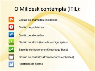 O Milldesk contempla (ITIL): Gestão de chamados (incidentes) Gestão de problemas Gestão de alterações Gestão de ativos (itens de configurações) Base de conhecimento (Knowledge Base) Gestão de contratos (Fornecedores e Clientes)  Relatórios de gestão 