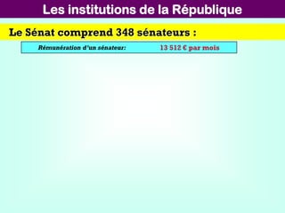 Les institutions de la République
Le Sénat comprend 348 sénateurs :
Rémunération d’un sénateur: 13 512 € par mois
 