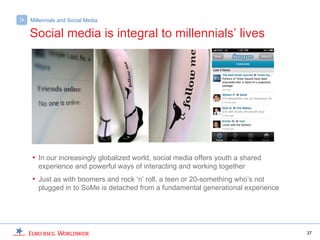 >   Millennials and Social Media

    Social media is integral to millennials’ lives




    • In our increasingly globalized world, social media offers youth a shared
       experience and powerful ways of interacting and working together
    • Just as with boomers and rock ‘n’ roll, a teen or 20-something who’s not
       plugged in to SoMe is detached from a fundamental generational experience




                                                                                   37
 