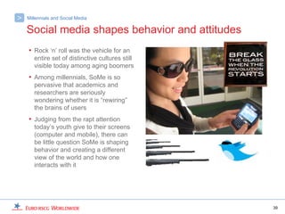 >   Millennials and Social Media

    Social media shapes behavior and attitudes
    • Rock ‘n’ roll was the vehicle for an
       entire set of distinctive cultures still
       visible today among aging boomers
    • Among millennials, SoMe is so
       pervasive that academics and
       researchers are seriously
       wondering whether it is “rewiring”
       the brains of users
    • Judging from the rapt attention
       today’s youth give to their screens
       (computer and mobile), there can
       be little question SoMe is shaping
       behavior and creating a different
       view of the world and how one
       interacts with it




                                                  39
 