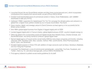 >   Sample of Digital and Social Media Milestones at Euro RSCG Worldwide



    • Launched Social Life and Social Media website and blog (www.eurorscgsocial.com), which incorporates
       contributions from experts from around world, as part of Euro RSCG Social
    • Created most-downloaded piece of commercial content in history, Evian Rollerbabies, with 128MM+
       downloads to date (as of 9/10)
    • Gathered 17MM+ supporters for digital-based Tck Tck Tck campaign for climate justice and ushered in a
       global first: a digital music petition created by our in-house record label, The:Hours
    • Gave creative, digital, and strategic advice to David Cameron as lead agency in his successful bid for
       British prime minister
    • Won IBM’s global digital business from Digitas in biggest digital pitch of 2009
    • Landed biggest digital pitch in France’s history: global digital business of EDF, country’s largest energy co.
    • Other big global wins incorporating social and digital include Akzo Nobel’s Dulux, Charles Schwab, and
       Reckitt Benckiser, and being named to Unilever’s global digital roster
    • Named digital agency of record and/or social media AOR for many large companies and brands, including
       Clearasil, GSK, Heineken USA, Ikea, Lacoste, method, P&G, sanofi-aventis, Shire Pharmaceuticals,
       Sprint, Volvo, and Woolmark
    • Doubled digital business in China YTD with addition of major accounts such as Dulux, Hershey’s, Balabala,
       and Sun Hung Kai Properties
    • Launched The Sisterhood, a one-of-a-kind social marketing lab—using Web, YouTube, Facebook, and
       Twitter—that’s by, for, and about teenage girls, at Euro RSCG Worldwide PR
    • First agency network to publish social media guidelines for its staff




                                                                                                                       44
 