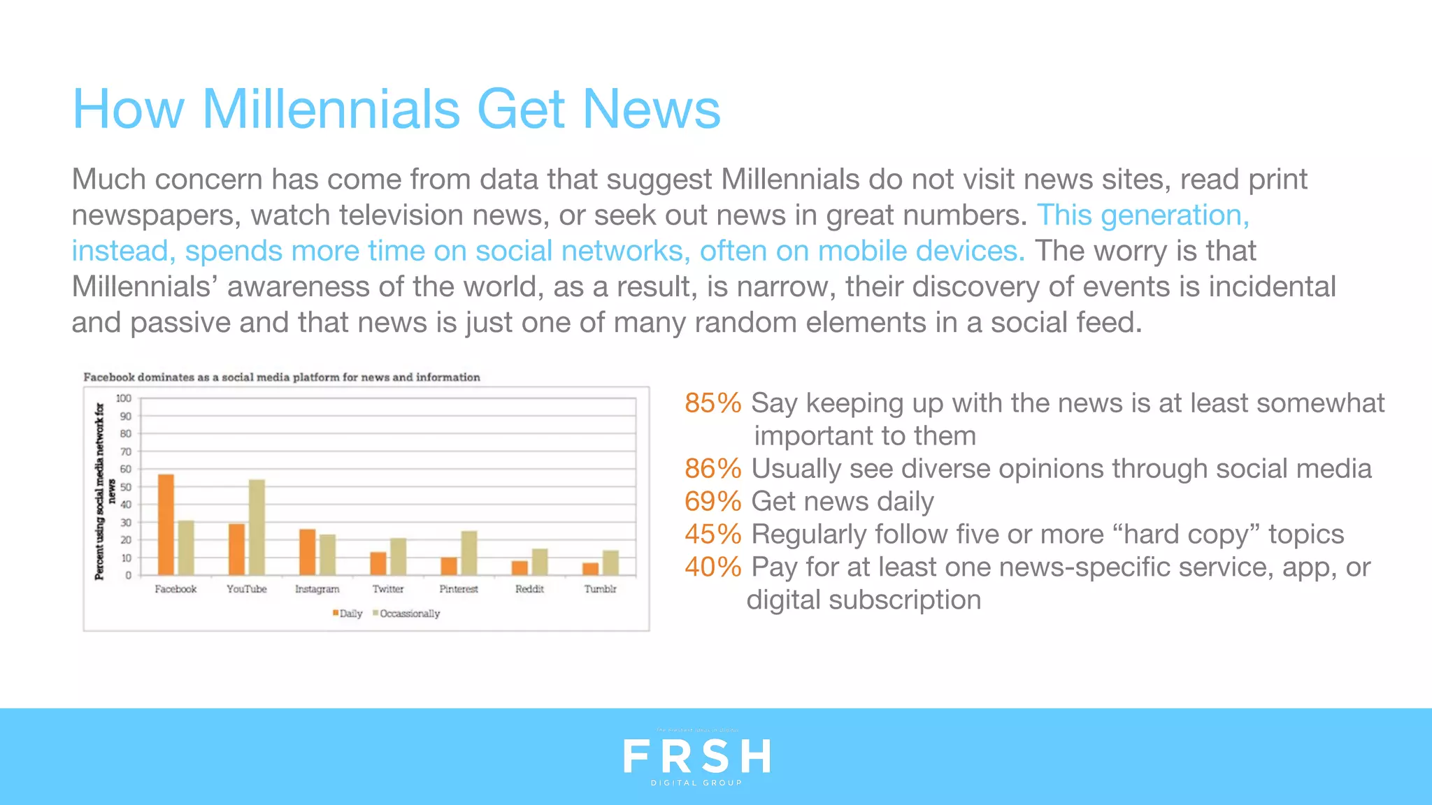 How Millennials Get News
Much concern has come from data that suggest Millennials do not visit news sites, read print
newspapers, watch television news, or seek out news in great numbers. This generation,
instead, spends more time on social networks, often on mobile devices. The worry is that
Millennials’ awareness of the world, as a result, is narrow, their discovery of events is incidental
and passive and that news is just one of many random elements in a social feed.
85% Say keeping up with the news is at least somewhat
important to them
86% Usually see diverse opinions through social media
69% Get news daily
45% Regularly follow five or more “hard copy” topics
40% Pay for at least one news-specific service, app, or
digital subscription
 