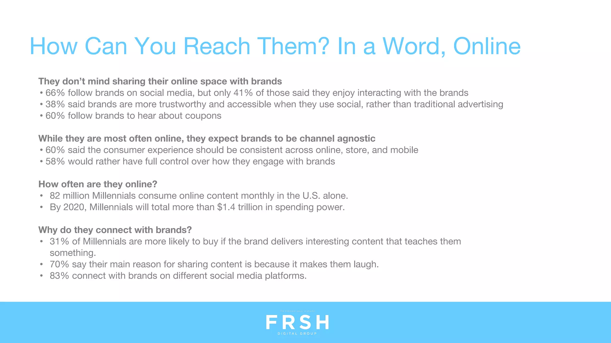 How Can You Reach Them? In a Word, Online
They don’t mind sharing their online space with brands
• 66% follow brands on social media, but only 41% of those said they enjoy interacting with the brands
• 38% said brands are more trustworthy and accessible when they use social, rather than traditional advertising
• 60% follow brands to hear about coupons
While they are most often online, they expect brands to be channel agnostic
• 60% said the consumer experience should be consistent across online, store, and mobile
• 58% would rather have full control over how they engage with brands
How often are they online?
• 82 million Millennials consume online content monthly in the U.S. alone.
• By 2020, Millennials will total more than $1.4 trillion in spending power.
Why do they connect with brands?
• 31% of Millennials are more likely to buy if the brand delivers interesting content that teaches them
something.
• 70% say their main reason for sharing content is because it makes them laugh.
• 83% connect with brands on different social media platforms.
 